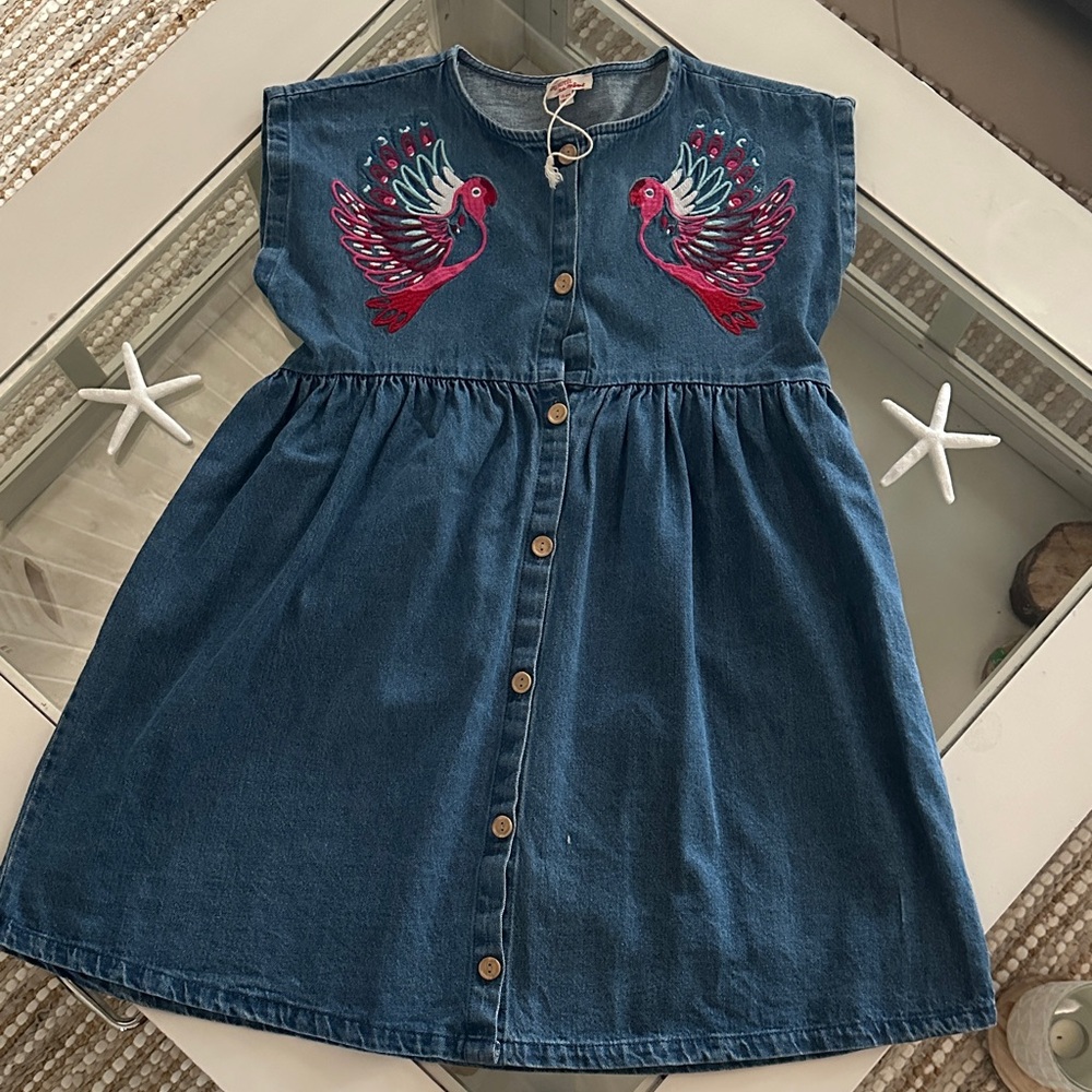 Charming Denim Kids Dress with Bird Design